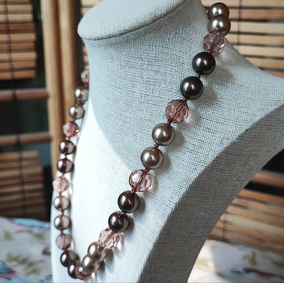 Faux Chocolate Champagne Pearl and Pink Bead Necklace RMN Roman Vintage - Picture 3 of 8